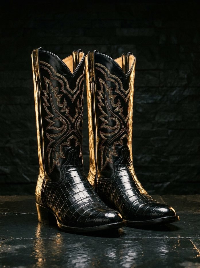 Freshly shined black cowboy boots